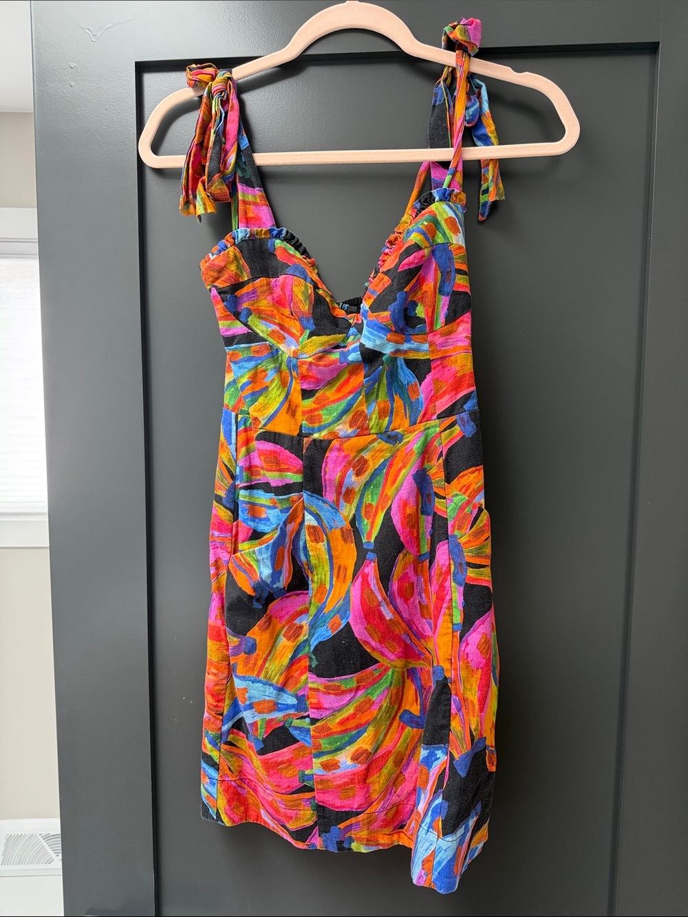 FARM Rio Multicolor Tie-Shoulder Mini Dress — Pink, Orange, Blue, Green, Black
